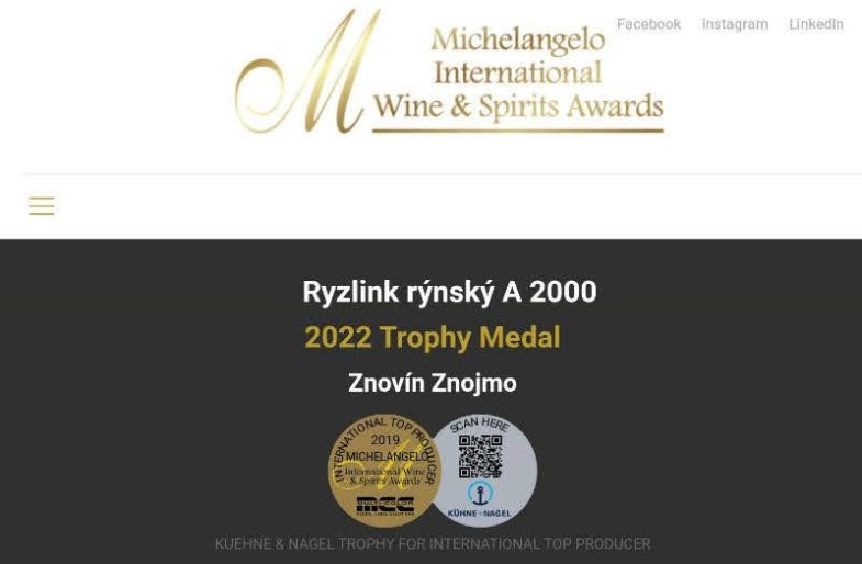 Znovín Znojmo zazářil zejména svým Ryzlinkem rýnským 2000 výběr z bobulí ze známé vinice Šobes