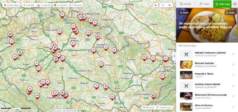 Mapka 50 TOP restaurací podle uživatelů mapy.cz a firmy.cz