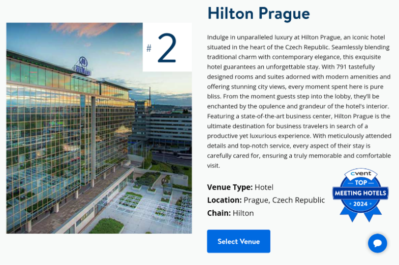 Hilton Prague druhým nejlepším konferenčním hotelem v Evropě, screensh9t ž https://toplists.cvent.com/the-top-50-hotels-in-europe/